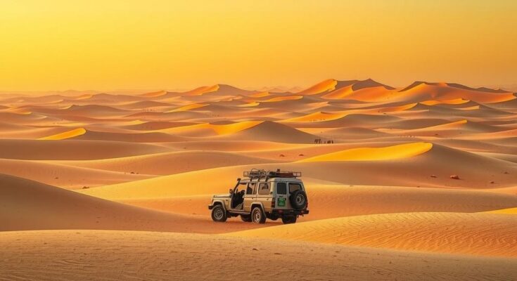 A barren desert landscape with a broken-down vehicle amidst sand dunes, portraying migration struggles and hardship.
