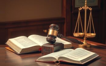 A courtroom scene featuring a gavel, legal books, and a balance scale in warm colors, symbolizing justice.