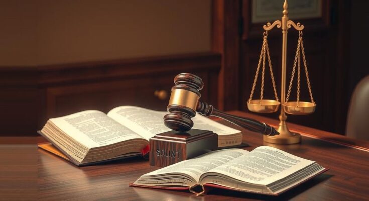 A courtroom scene featuring a gavel, legal books, and a balance scale in warm colors, symbolizing justice.