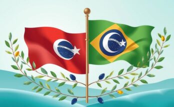 A symbolic representation of peace talks with flags from Brazil, Turkey, and neutral colors, suggesting diplomacy.