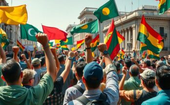 Malian protests against military government, showcasing united fists and colorful flags in a symbolic display of defiance.