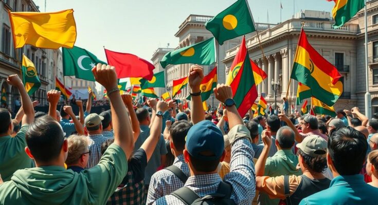 Malian protests against military government, showcasing united fists and colorful flags in a symbolic display of defiance.