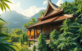 Thai landscape with cannabis plants and a dispensary under clear skies, showcasing natural beauty and regulatory change.