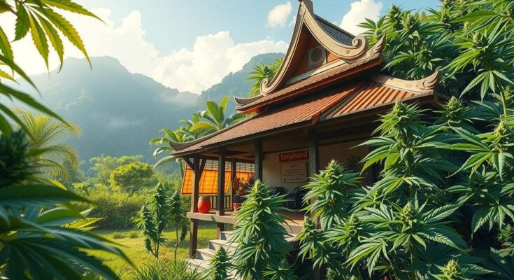 Thai landscape with cannabis plants and a dispensary under clear skies, showcasing natural beauty and regulatory change.