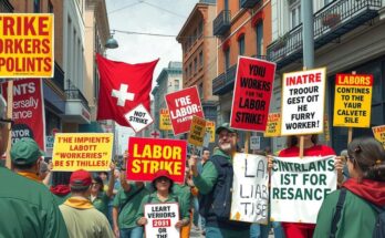 Vibrant street scene depicting a labor strike with banners and signs supporting workers' rights.