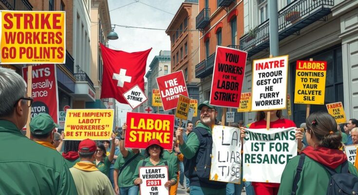 Vibrant street scene depicting a labor strike with banners and signs supporting workers' rights.