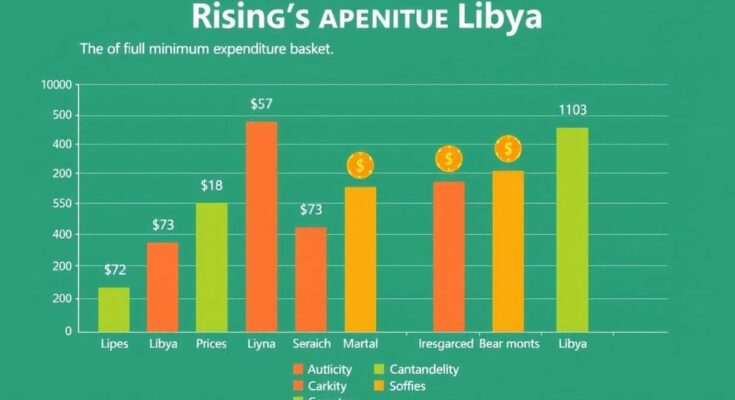 Market price increase in Libya's regions depicted by colorful bar graphs and currency symbols.