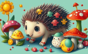 Whimsical illustration of peculiar new species, including a hedgehog and fungi, in vibrant colors and playful style.