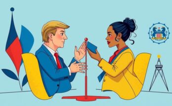 Illustration of a diplomatic meeting with an abstract design representing dialogue and negotiation between nations.