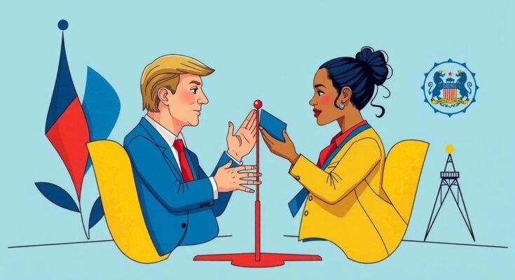 Illustration of a diplomatic meeting with an abstract design representing dialogue and negotiation between nations.