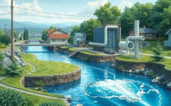 A vibrant water infrastructure scene showcasing a river, pipes, and treatment facilities in a lush landscape.