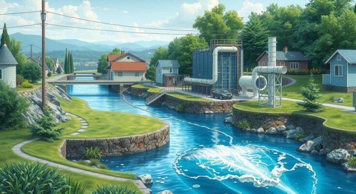 A vibrant water infrastructure scene showcasing a river, pipes, and treatment facilities in a lush landscape.
