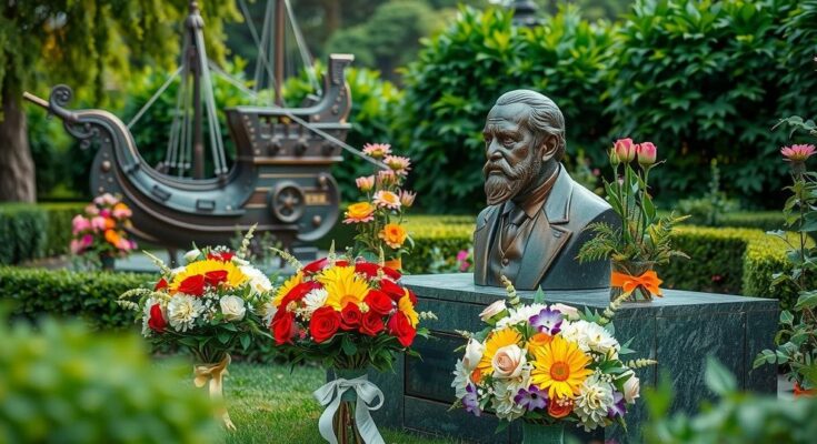 Floral tributes arranged at a serene garden with a bronze ship replica, symbolizing cultural connection and diplomacy.