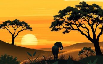 African landscape with a subtle sunset, showcasing unity and hope through vibrant warm colors and abstract forms.