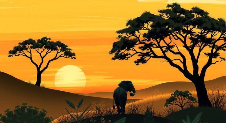 African landscape with a subtle sunset, showcasing unity and hope through vibrant warm colors and abstract forms.