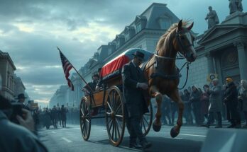 A somber horse-drawn carriage carrying a coffin draped in a flag, surrounded by mourners in Montevideo.