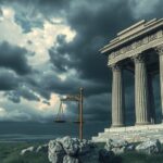 Libyan landscape depicting justice themes with pillars symbolizing law and dark skies representing tension.