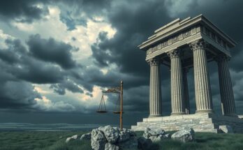 Libyan landscape depicting justice themes with pillars symbolizing law and dark skies representing tension.