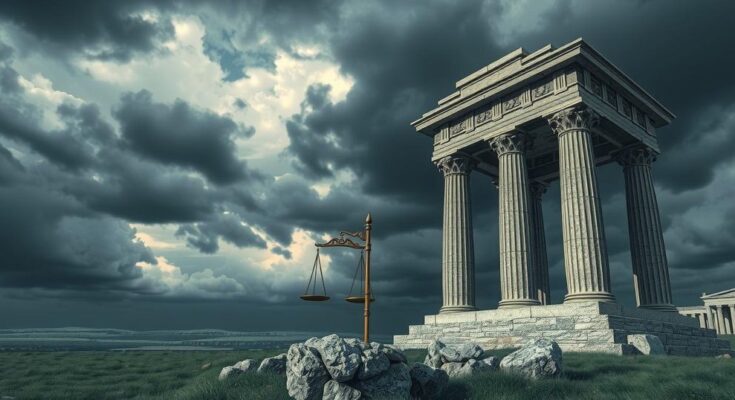 Libyan landscape depicting justice themes with pillars symbolizing law and dark skies representing tension.