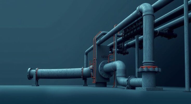 Abstract representation of a halted pipeline with a focus on industrial elements and dark tones.