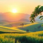 A calm landscape symbolizing economic growth, featuring fields and a rising sun in soft pastel colors.