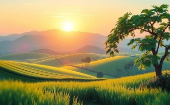 A calm landscape symbolizing economic growth, featuring fields and a rising sun in soft pastel colors.