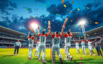 Celebration of achievement in T20 cricket with UAE team spirit and happiness after winning against Bangladesh.