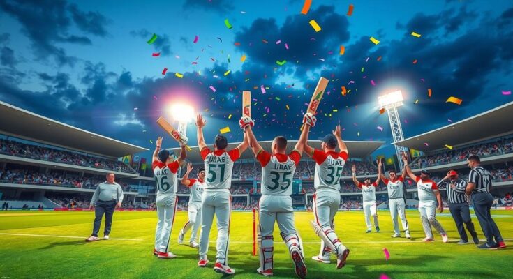 Celebration of achievement in T20 cricket with UAE team spirit and happiness after winning against Bangladesh.