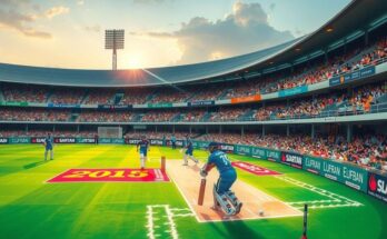 Cricket match scene at Sharjah stadium with players in action and a vibrant crowd cheering.