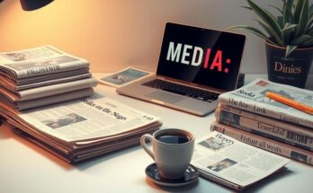 A serene workspace featuring a laptop, a stack of newspapers, and coffee, symbolizing media leadership and journalism.