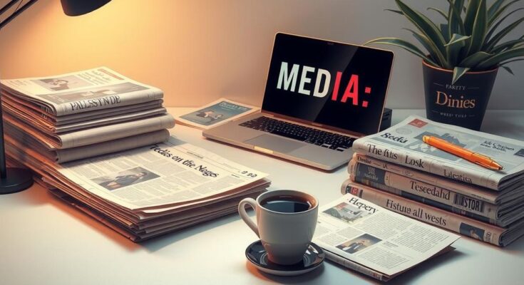 A serene workspace featuring a laptop, a stack of newspapers, and coffee, symbolizing media leadership and journalism.