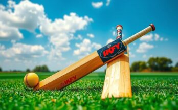 Cricket match scene with two cricket bats and a lush green field under a clear blue sky
