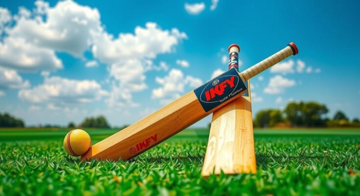 Cricket match scene with two cricket bats and a lush green field under a clear blue sky