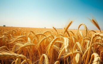 A golden field of ripened grain under a clear blue sky, representing agriculture and prosperity in Argentina.