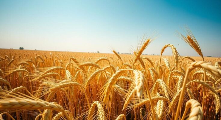 A golden field of ripened grain under a clear blue sky, representing agriculture and prosperity in Argentina.