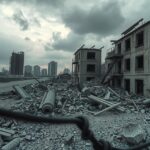 A vast, desolate landscape of destroyed buildings under a cloudy sky, showcasing the aftermath of conflict.
