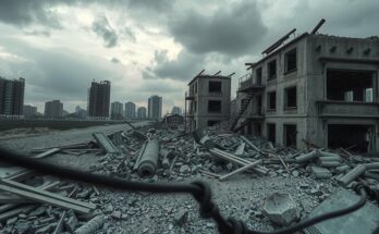 A vast, desolate landscape of destroyed buildings under a cloudy sky, showcasing the aftermath of conflict.