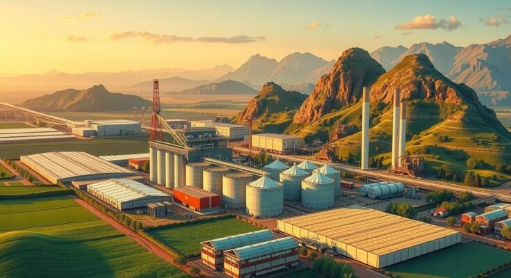 A vibrant industrial landscape depicting factories, farmland, and natural resources symbolizing Nigeria's economic diversification.