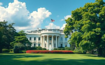 A landscape depicting the White House, surrounded by green trees and blue sky, symbolizing diplomatic relations.