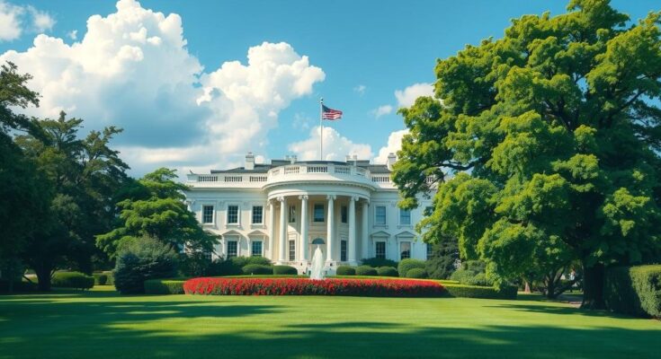A landscape depicting the White House, surrounded by green trees and blue sky, symbolizing diplomatic relations.