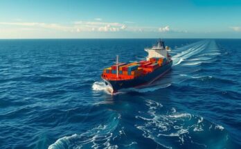 A ship on the high seas, surrounded by a vast blue ocean under a clear sky, representing maritime inspection.