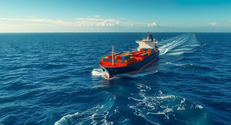 A ship on the high seas, surrounded by a vast blue ocean under a clear sky, representing maritime inspection.