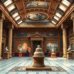 A modern museum showcasing ancient artifacts, featuring grand architecture and rich details in warm earth tones.
