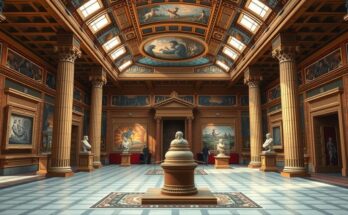 A modern museum showcasing ancient artifacts, featuring grand architecture and rich details in warm earth tones.