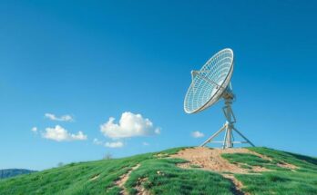 A satellite dish against a bright blue sky, representing internet connectivity and technological advancement.