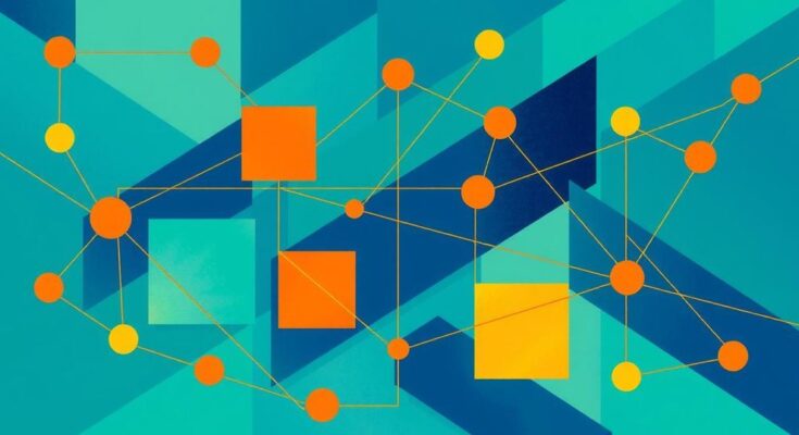 Colorful abstract representation of a modern organizational structure for retail with geometric shapes and interconnected lines.