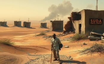 A desolate landscape in Sudan with broken buildings, dry soil, and brownish hues, symbolizing crisis and despair.