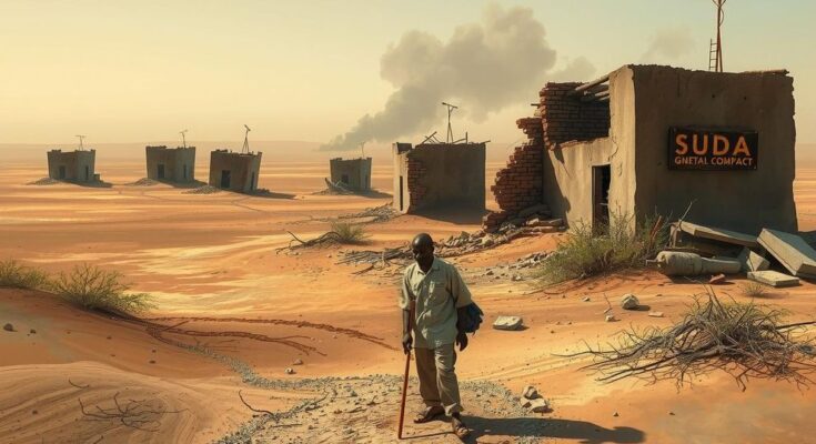 A desolate landscape in Sudan with broken buildings, dry soil, and brownish hues, symbolizing crisis and despair.