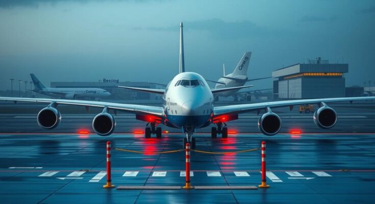 A luxury Boeing 747-8 jet parked on a runway surrounded by security measures, emphasizing national security concerns.