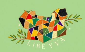 A stylized map of Libya symbolizing national reconciliation, with olive branches and vibrant colors.